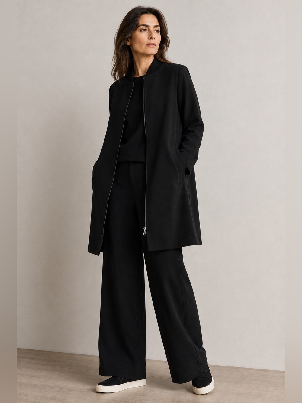Eileen Fisher Black Longline Zip Jacket Coat XS